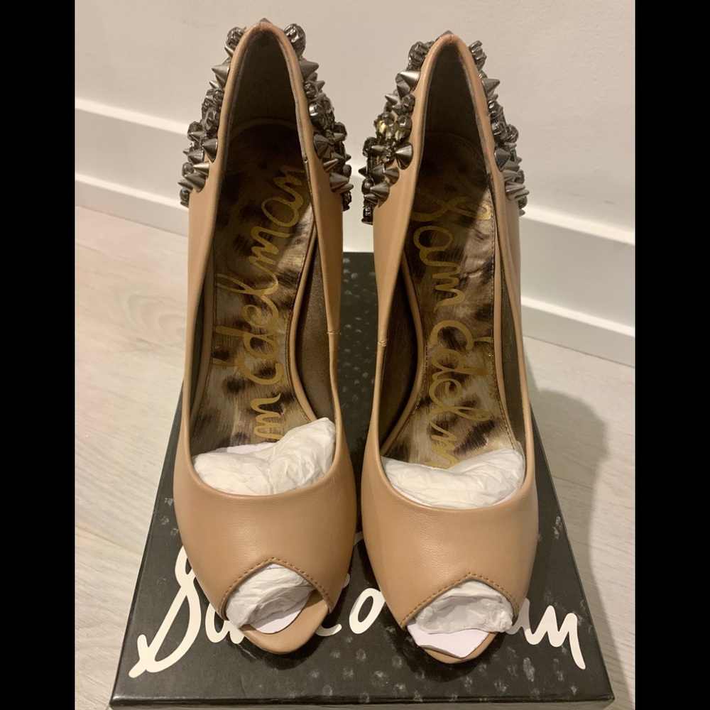 Sam Edelman Tan Peep Toe Heels with Studded Detail
